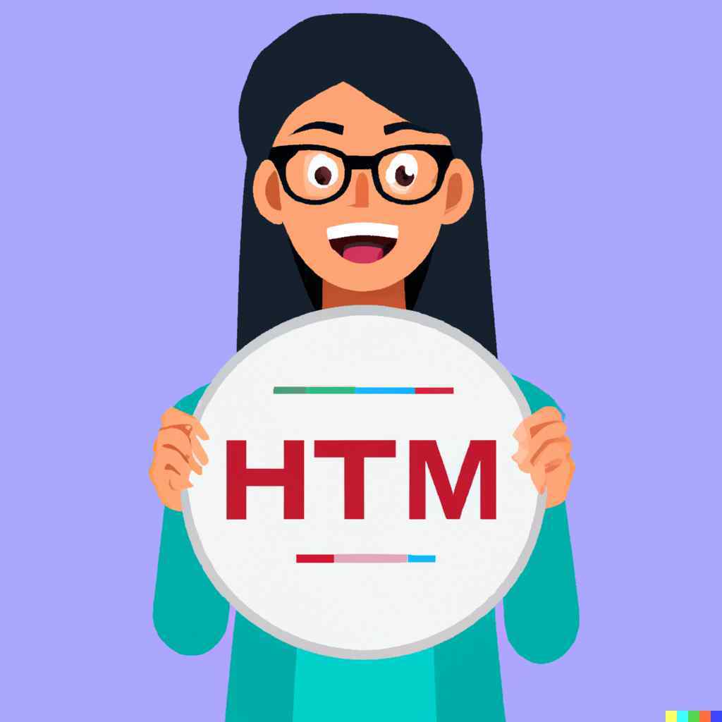 flat animation of a woman holding a round sign with html written on it
