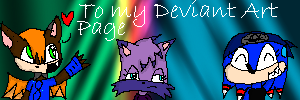 An old forum signature with random bars of light as a background, a brown bat, a purple fox, and a blue echidna all from shoulder up, and in too-thin white text "to my deviantart page"