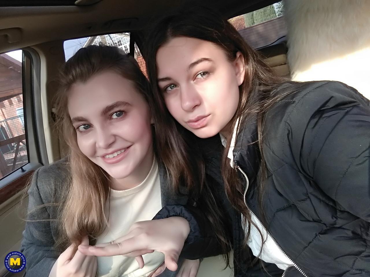 Long haired European lovers take a selfie in the car before lesbian sex action(4)