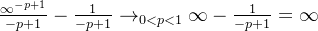 \frac{\infty^{-p+1}}{-p+1} - \frac{1}{-p+1} \rightarrow_{0<p<1} \infty - \frac{1}{-p+1} = \infty