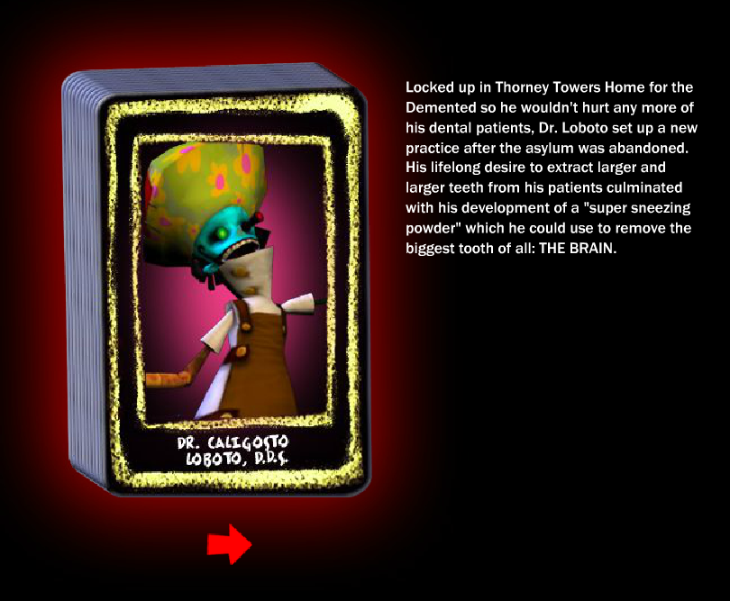 an image that depicts the old psychonauts 1 website biography for dr loboto