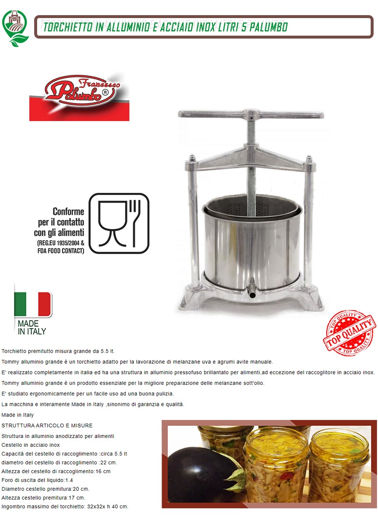 TORCHIO PREMITUTTO TORCHIETTO ACCIAIO INOX E ALLUMINIO 5 LITRI MELANZANE UVA  ECC 8023686000258