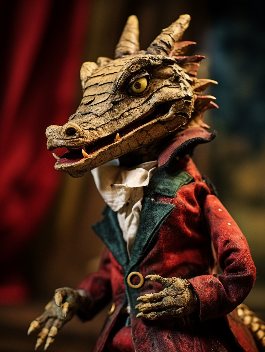 The Monster, a dapper looking dragon puppet in a red coat with green lapels.