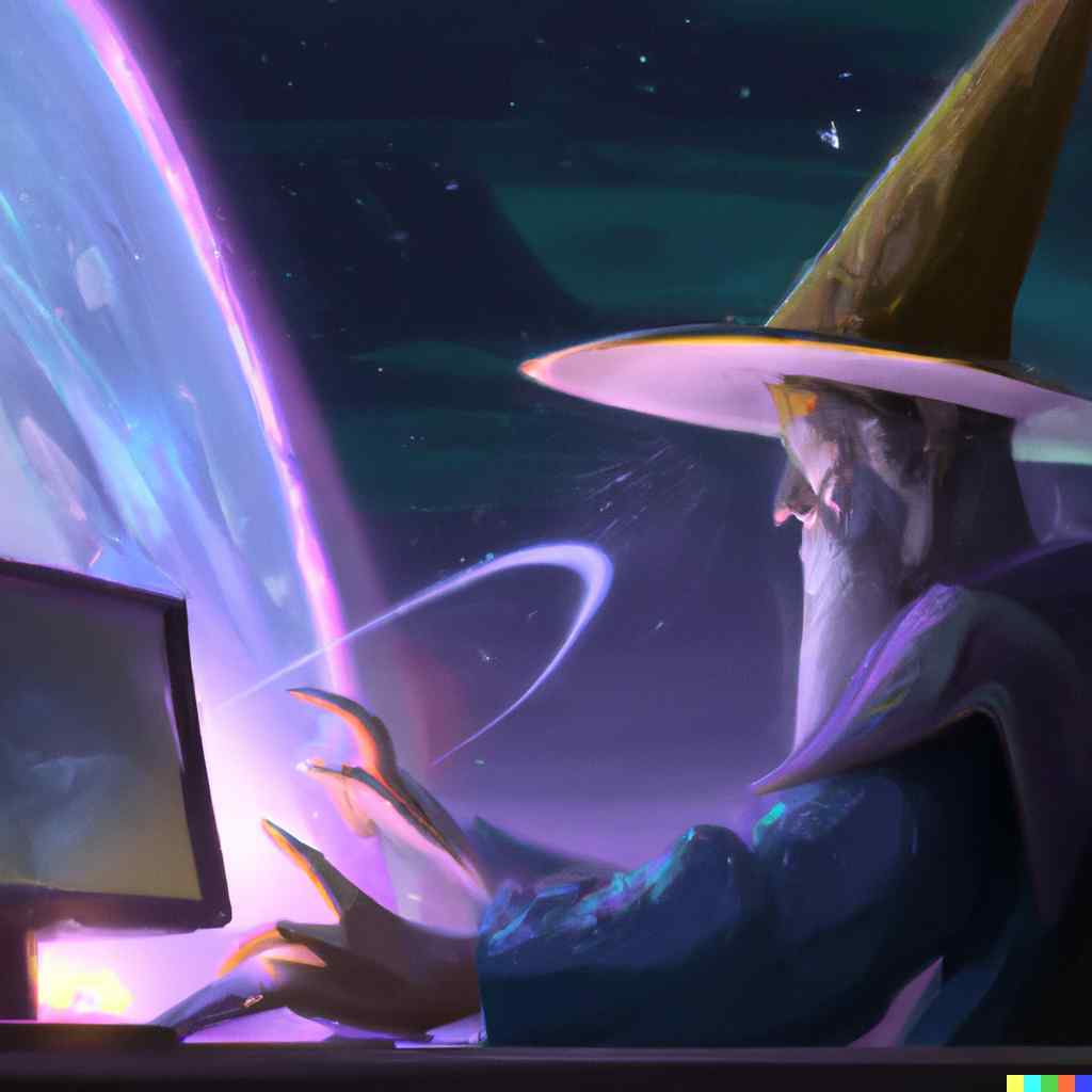 wizard with a pointy hat programming a computer with saturn in the distance, digital art