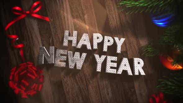 Animated closeup Happy New Year text, gift boxes and green tree branches with balls on wood | Events - VideoHive 29319161