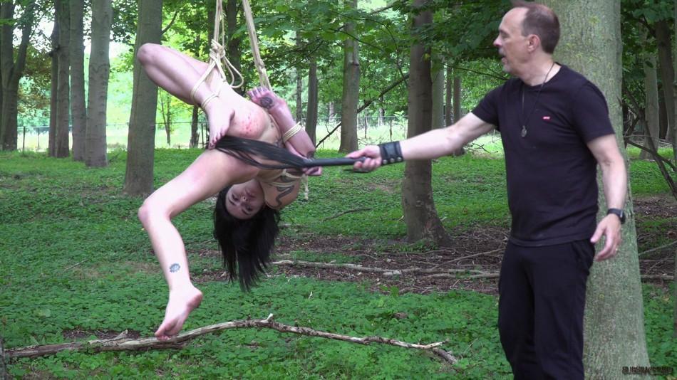 Naked brunette Crystal Cherry gives a BJ after being flogged in the woods(13)