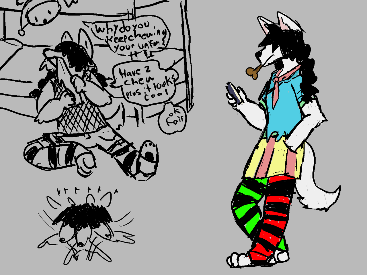 A couple of black and white sketches of Yiffany chewing up her uniform, and a clored one of her looking at a cellphone with a doggy treat hanging out of her mouth.