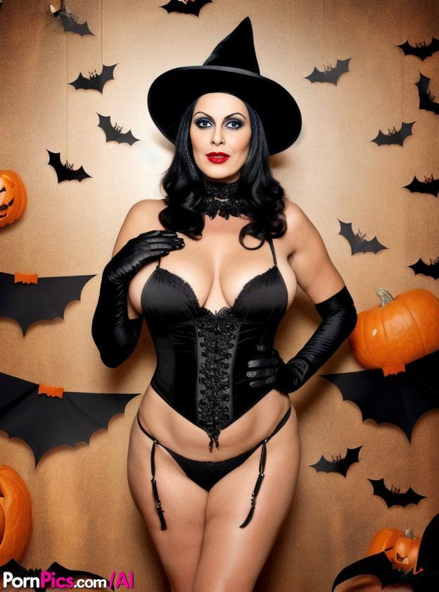 AI generated Sasha Lansday shows her big tits in a fetish Halloween outfit(3)