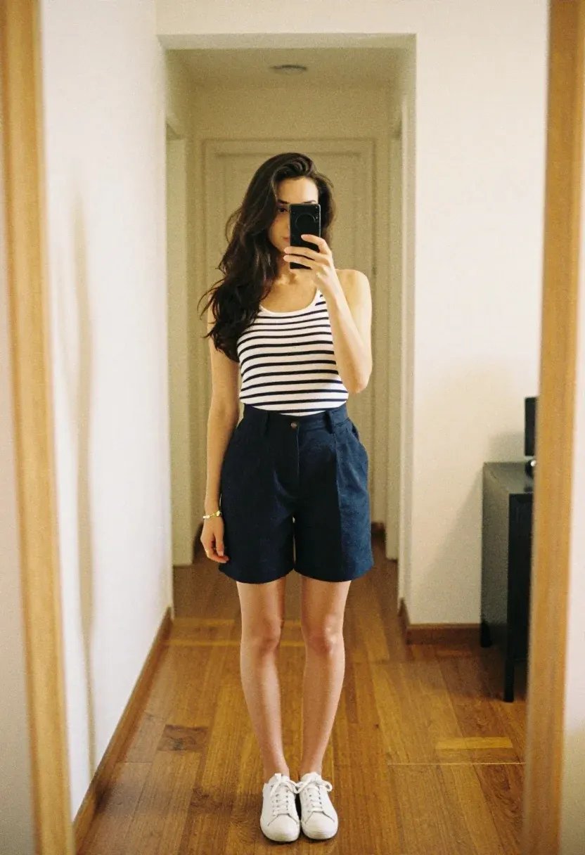Petite woman taking a mirror selfie wearing navy Bermuda shorts with a classic Breton stripe boatneck top