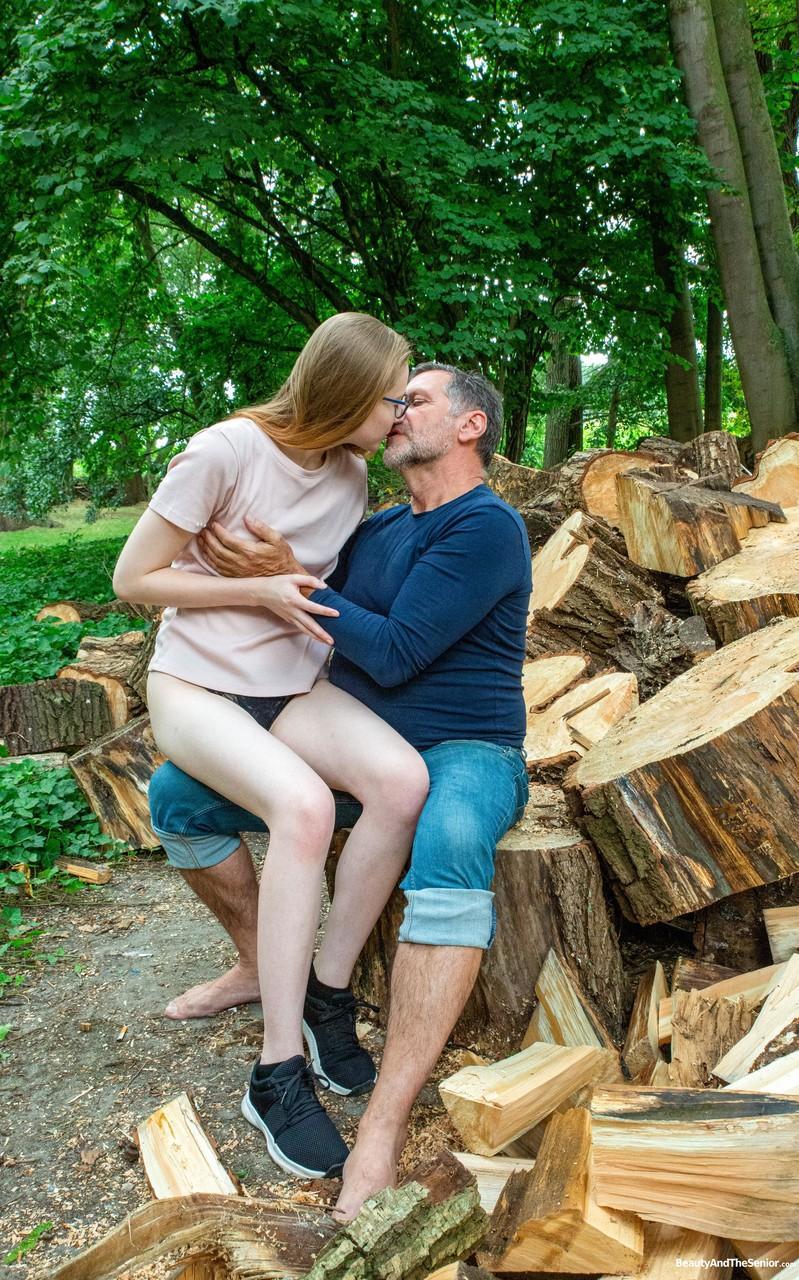 Lustful teen Abela getting fucked hard by an old man outdoors in the woodpile(2)