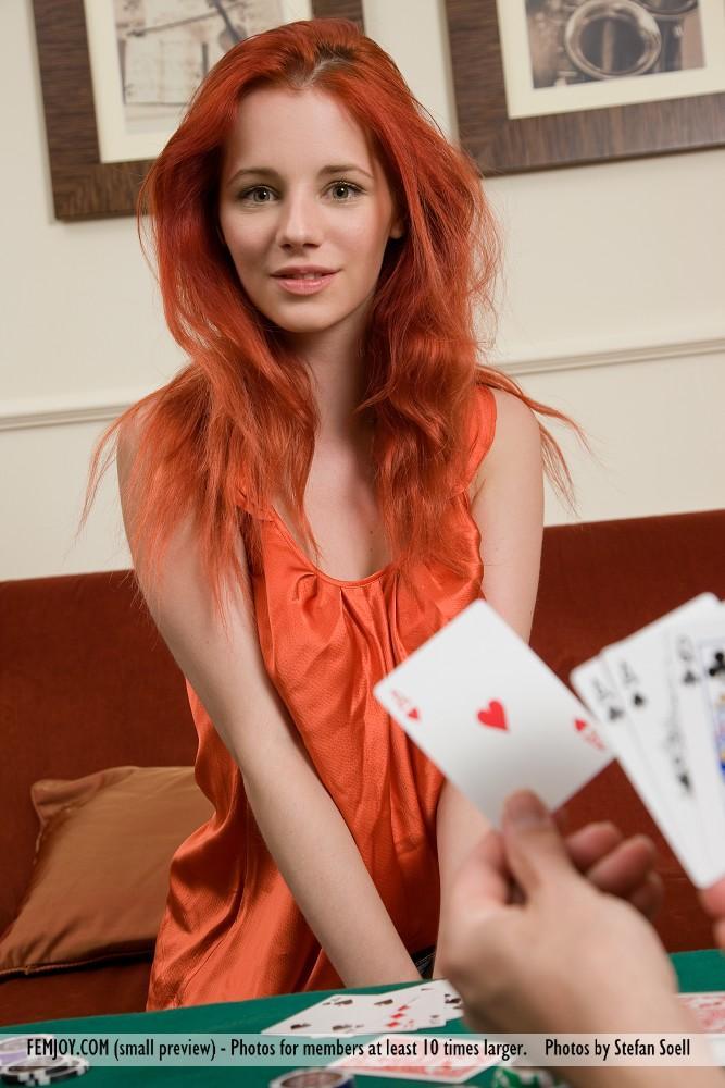 Hot redhead Ariel removes clothes after losing at poker & rolls in the chips(1)