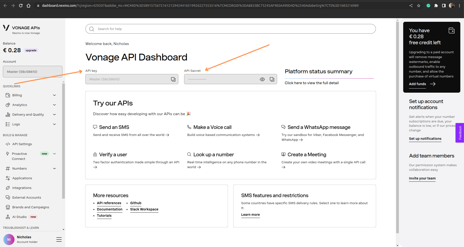 Vonage API Dashboard