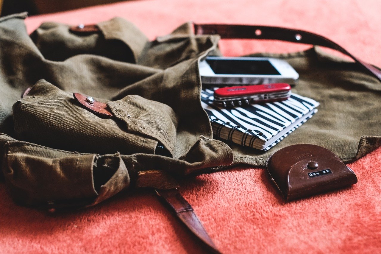 Rucksack and contents spread on carpet