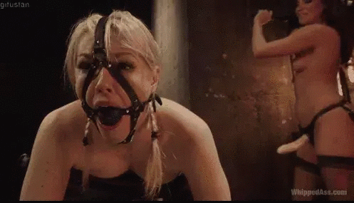 Brunette woman wearing strap-on flogs restrained blonde woman with gag harness