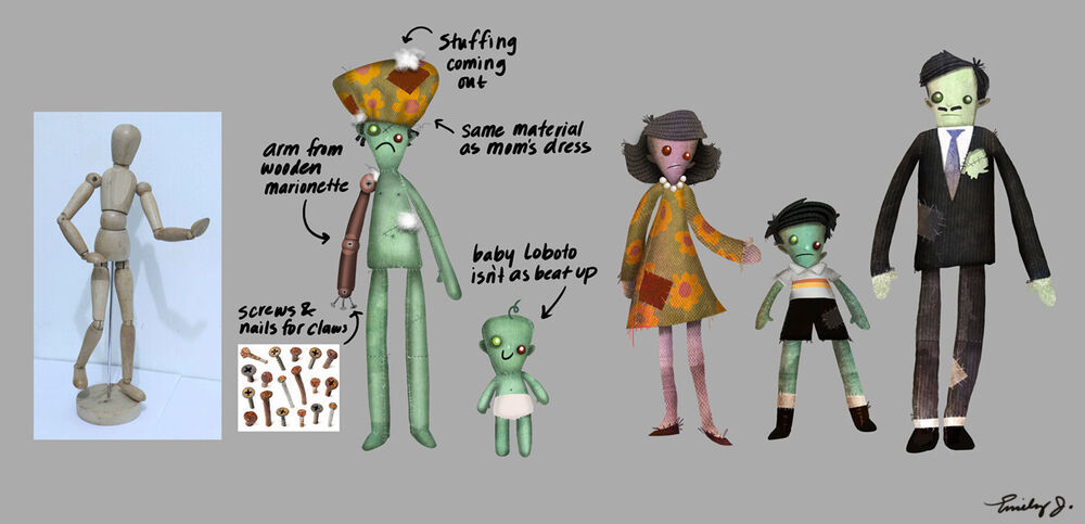 a piece of concept art that depicts design elements for dr loboto, a baby loboto and his parents for rhombus of ruin