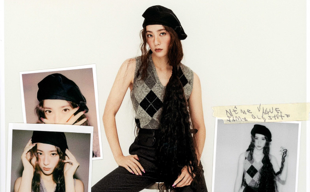 An asian woman sits against a white backdrop, surrounded by other photos of her, meant to create a scrapbook effect. She has long brown hair, and is wearing a loose hat, a checkered grey tank top, and black pants. She is looking into the camera with a distant expression. She seems a little bit different.