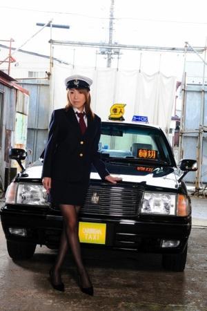 Female Japanese taxi driver unbuttons her blouse during upskirt action