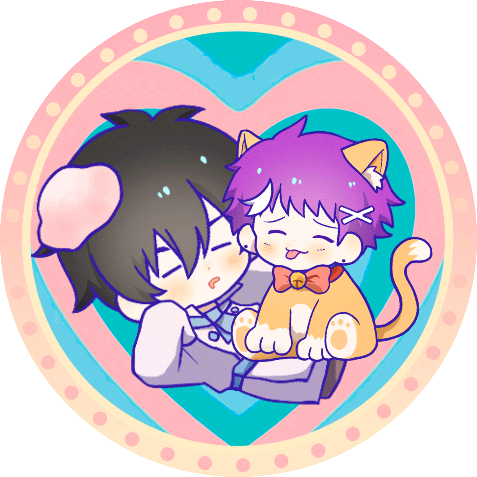 Can badge: Kitty Fukita sitting on Messy Chef Kazu’s legs.
