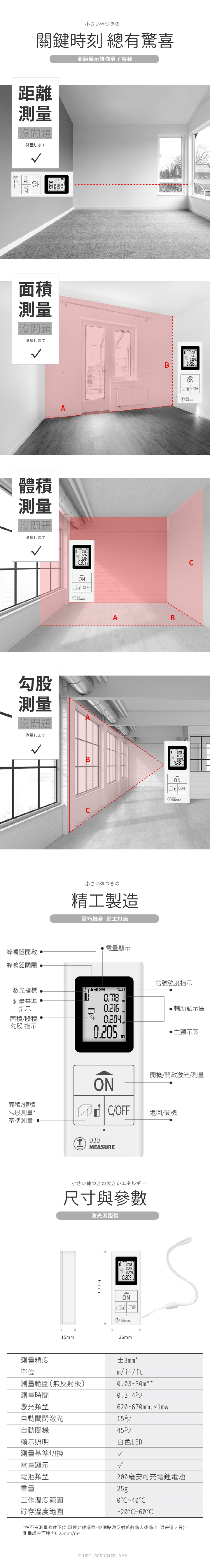 【測距儀LED迷你款-充電式30米】白/短 裝潢測量機器 紅外線測量 測距儀器 建築 鐵路 工程