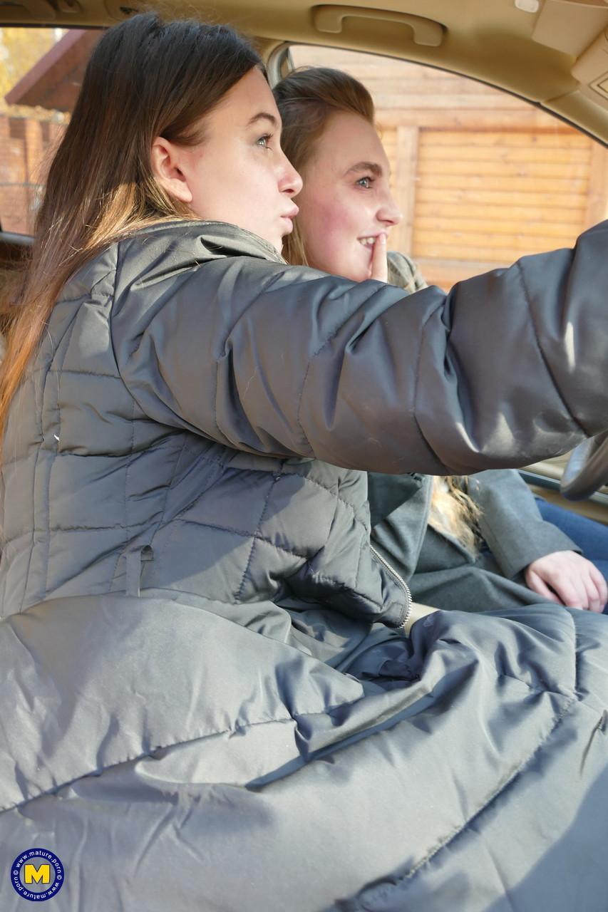 Long haired European lovers take a selfie in the car before lesbian sex action(19)