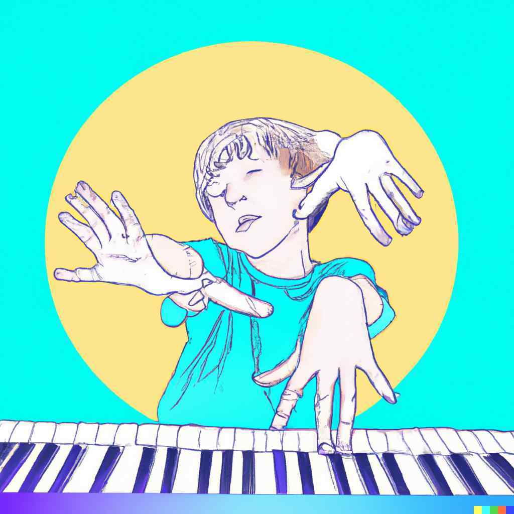 child with four arms playing piano in the style of vaporwave