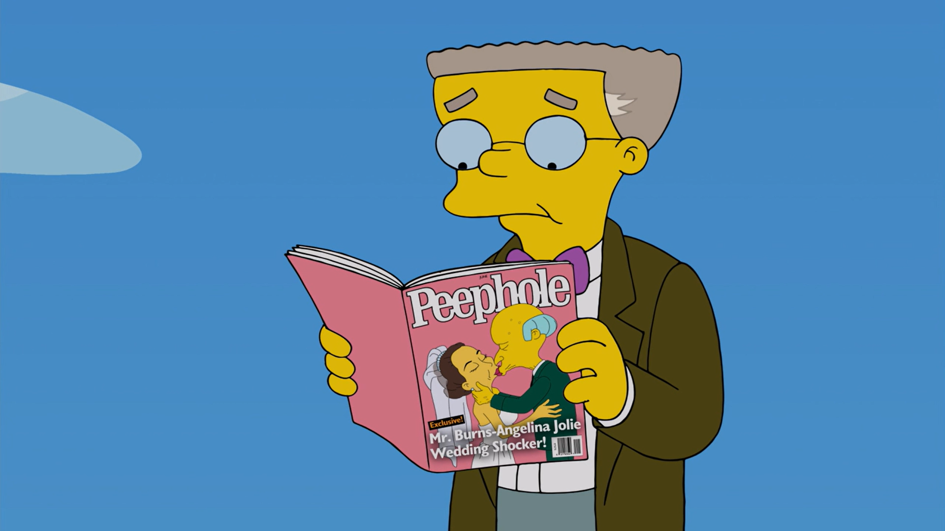 An older Smithers reading a Peephole magazine issue titled 'Mr. Burns-Angelina Jolie Wedding Shocker' with an image of Mr. Burns and Angelina Jolie kissing on the cover.