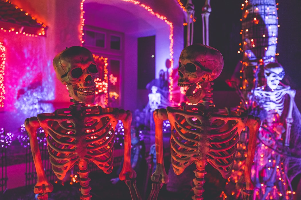 Fake skeletons set up as decorations in yard decked out for Halloween