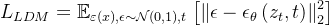 L_{L D M}=\mathbb{E}_{\varepsilon(x), \epsilon \sim \mathcal{N}(0,1), t}\left[\left\|\epsilon-\epsilon_{\theta}\left(z_{t}, t\right)\right\|_{2}^{2}\right]