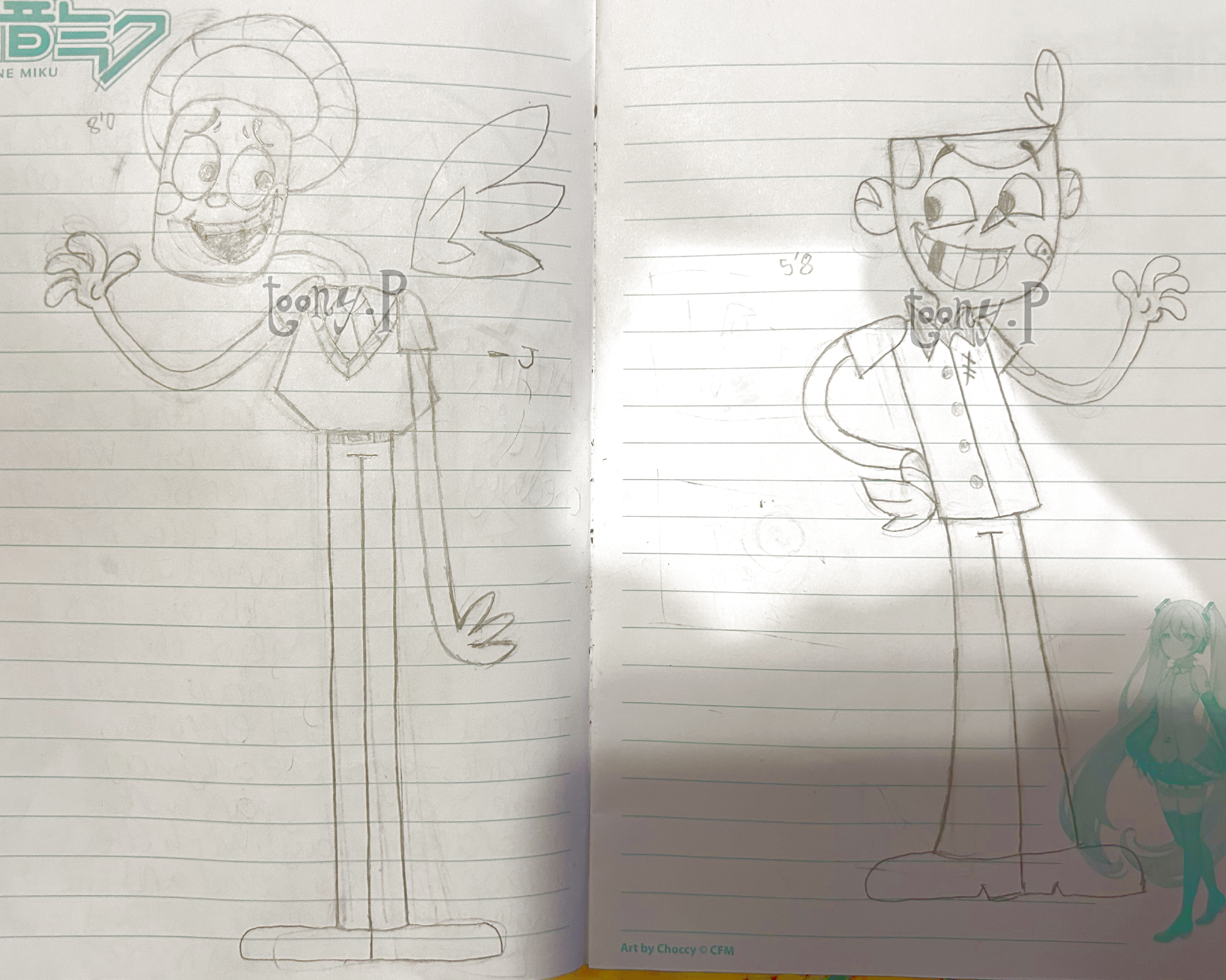 cartoon artwork of a monster-like angel and an aged-up version of jimmy from the show jimmy two-shoes. the angel is smiling sheepishly, and jimmy is smiling and waving.