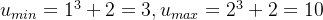 u_{min} = 1^3 + 2 = 3 , u_{max} = 2^3 +2 = 10