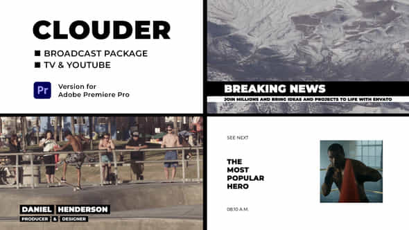 Clouder Broadcast Package Essential Graphics Mogrt - VideoHive 24768815