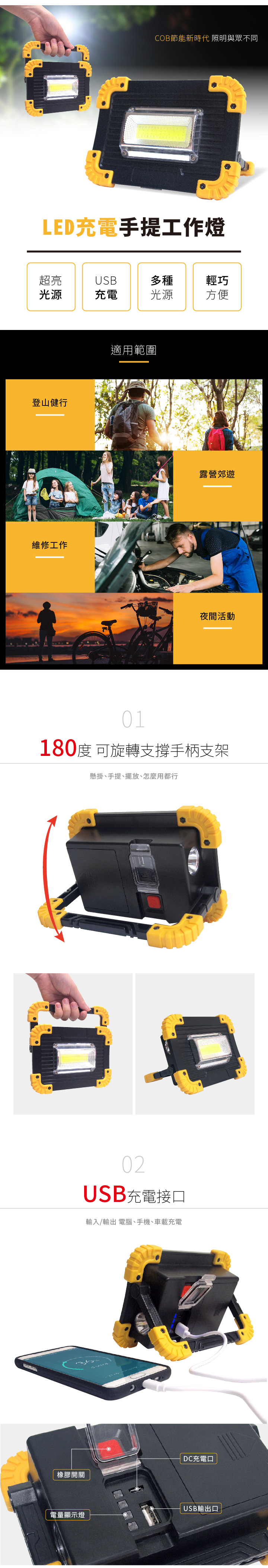 【20W LED充電手提工作燈】(附充電電池) 手電筒 手提照明燈 登山 露營燈 緊急 應急燈