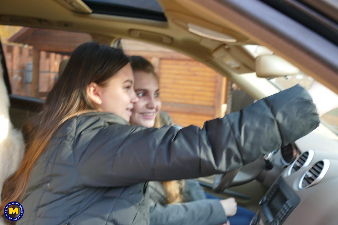 Long haired European lovers take a selfie in the car before lesbian sex action(18)