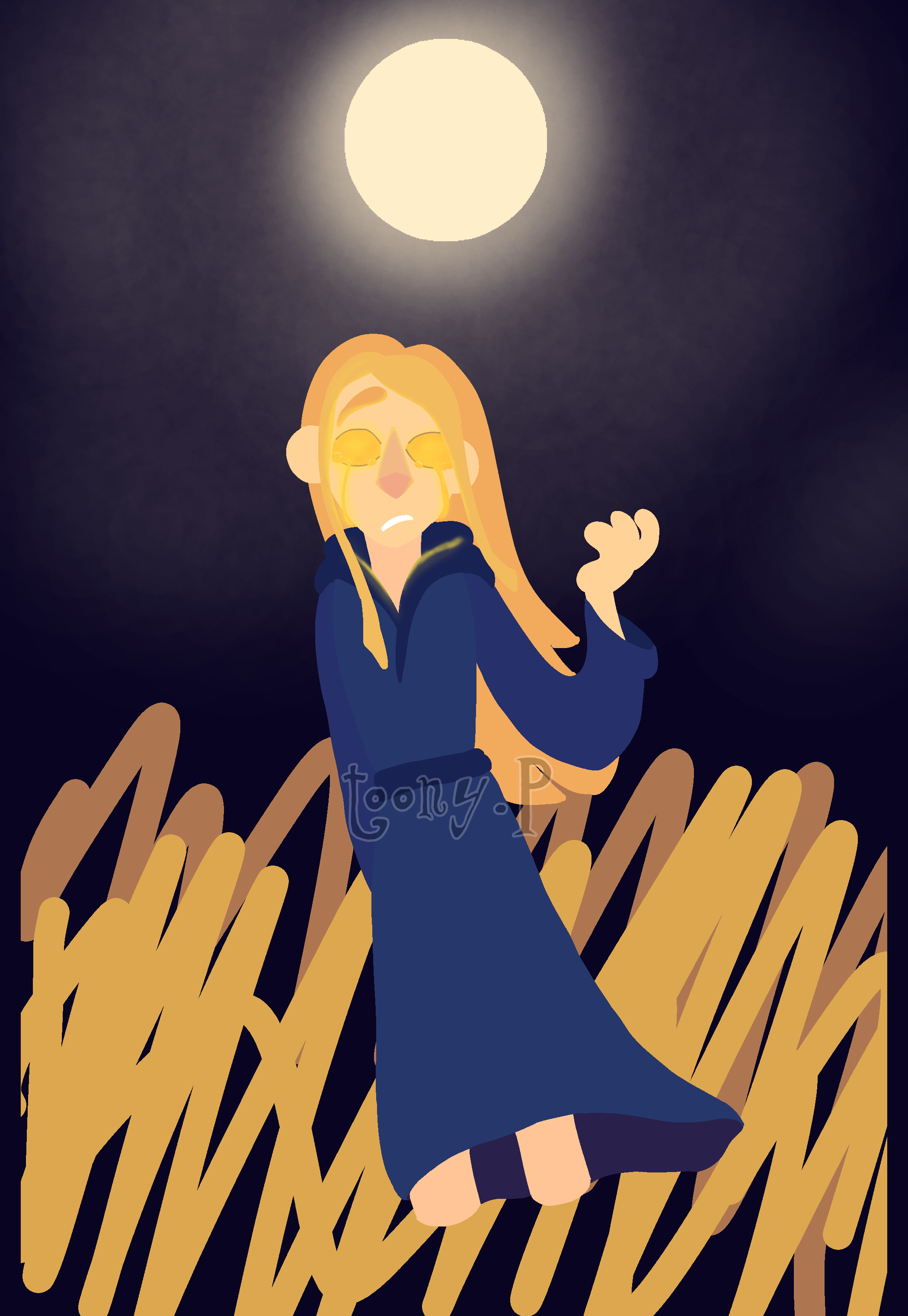 unfinished lineless artwork of a long-haired blonde man with fully golden eyes in a field of wheat at night. he is wearing a long blue robe. he is holding his hand out beside him, and frowning gently, with golden tears running down his cheeks. there is a bright full moon above him.
