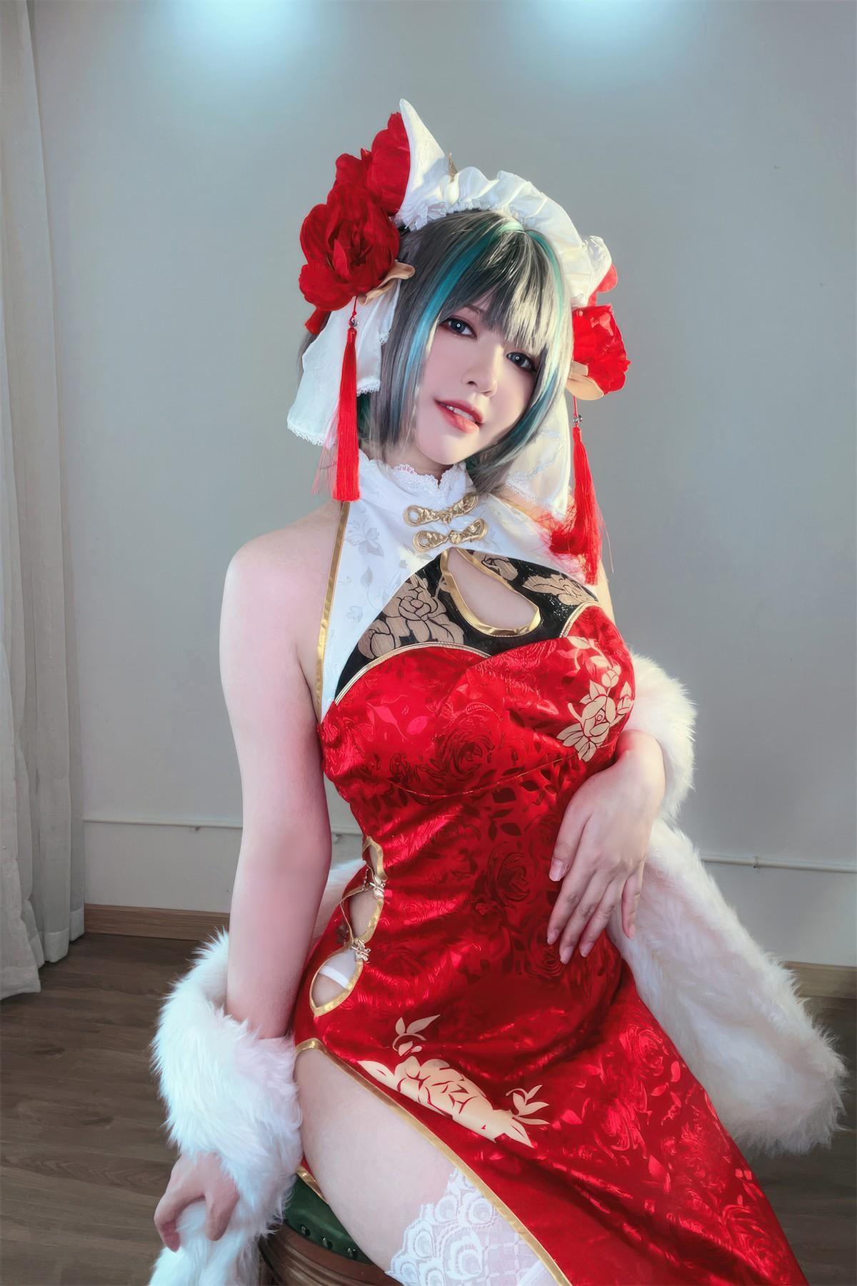 Cosplay 半半子Banbanko 柴郡中华娘旗袍(37)