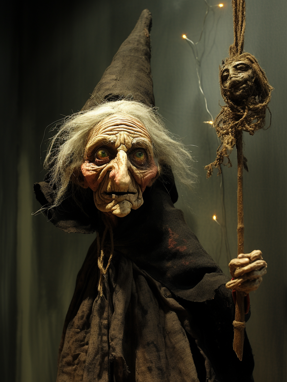 The Wise Woman. A witch puppet, holding a staff