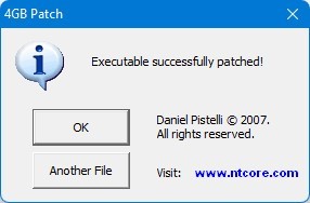 4gb patch dialog with text saying 'executable successfully patched