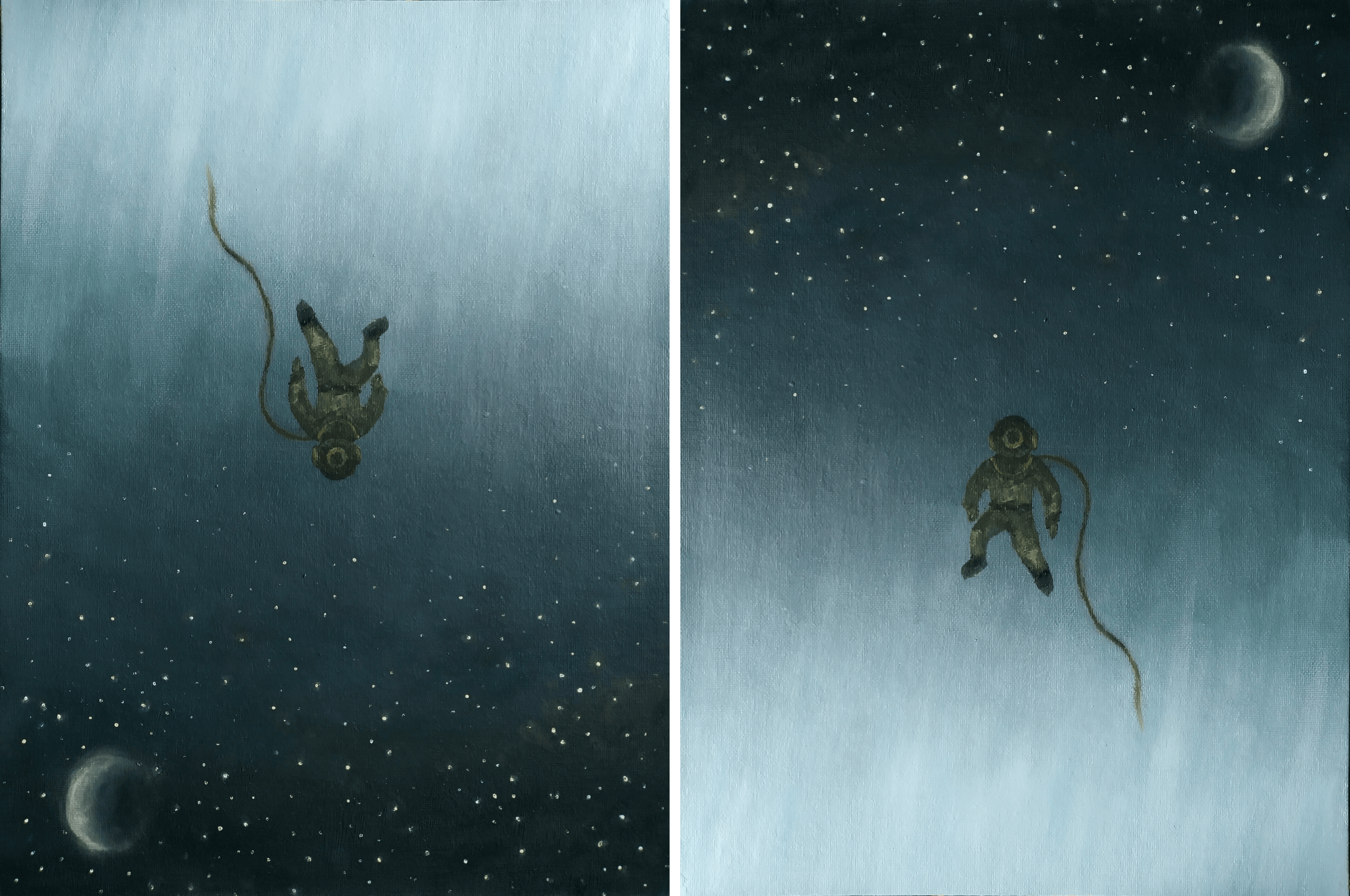 A 19th century diver in water that turns into a starry sky