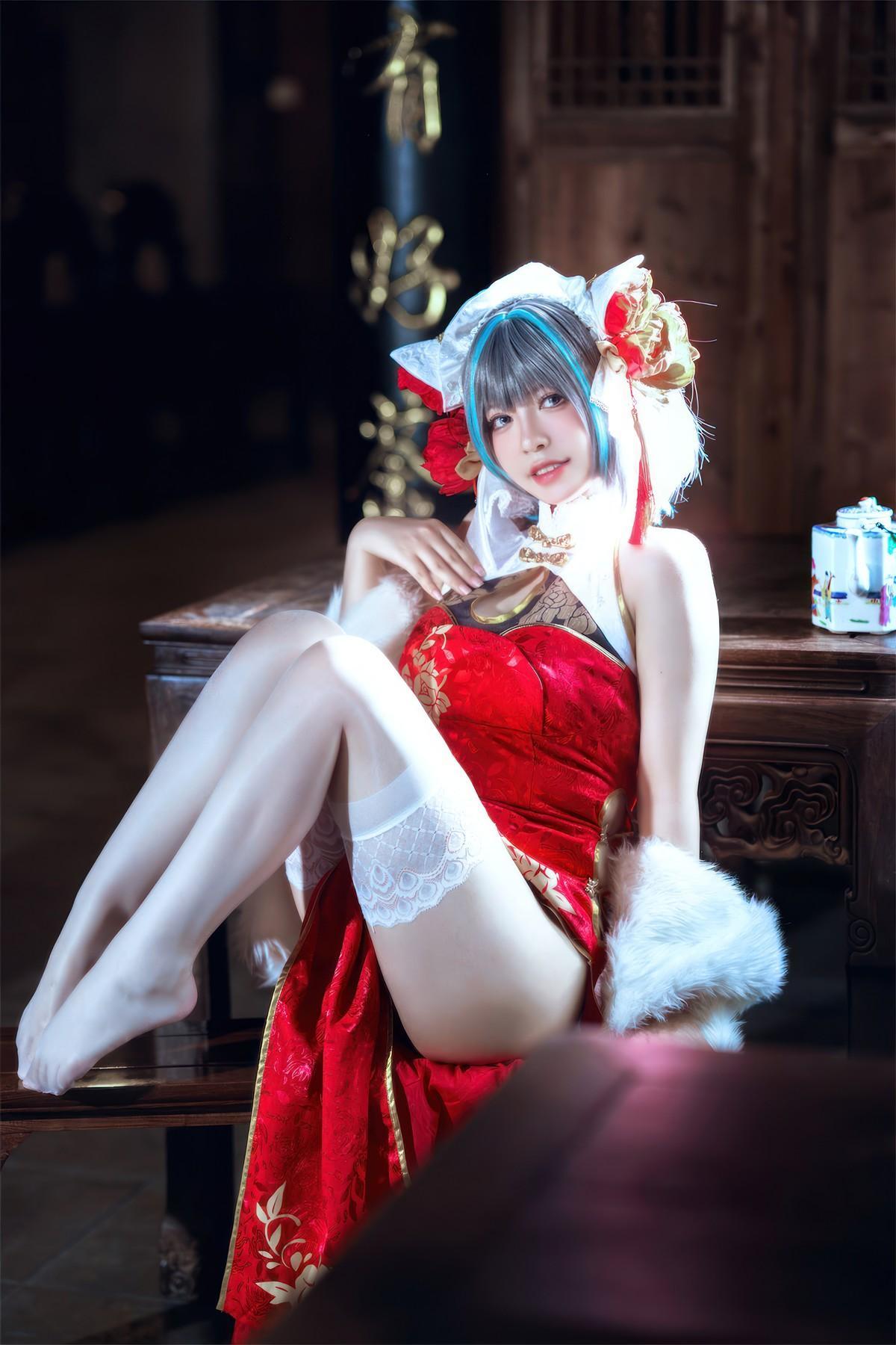 Cosplay 半半子Banbanko 柴郡中华娘旗袍(12)