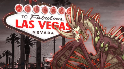 The WELCOME TO FABULOUS LAS VEGAS, NEVADA sign, altered to be in greyscale. The words 'Las Vegas' have been turned bright red instead. All lights in the image have been altered to glow red as well. An image of the Plaguebringer, a dull red dragon with a bony face, has been added overtop the right side of the sign.