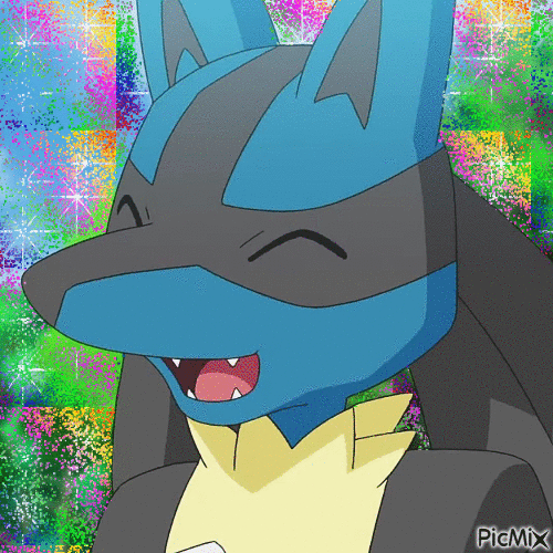 gif of lucario smiling; rainbow glitter sparkles behind them