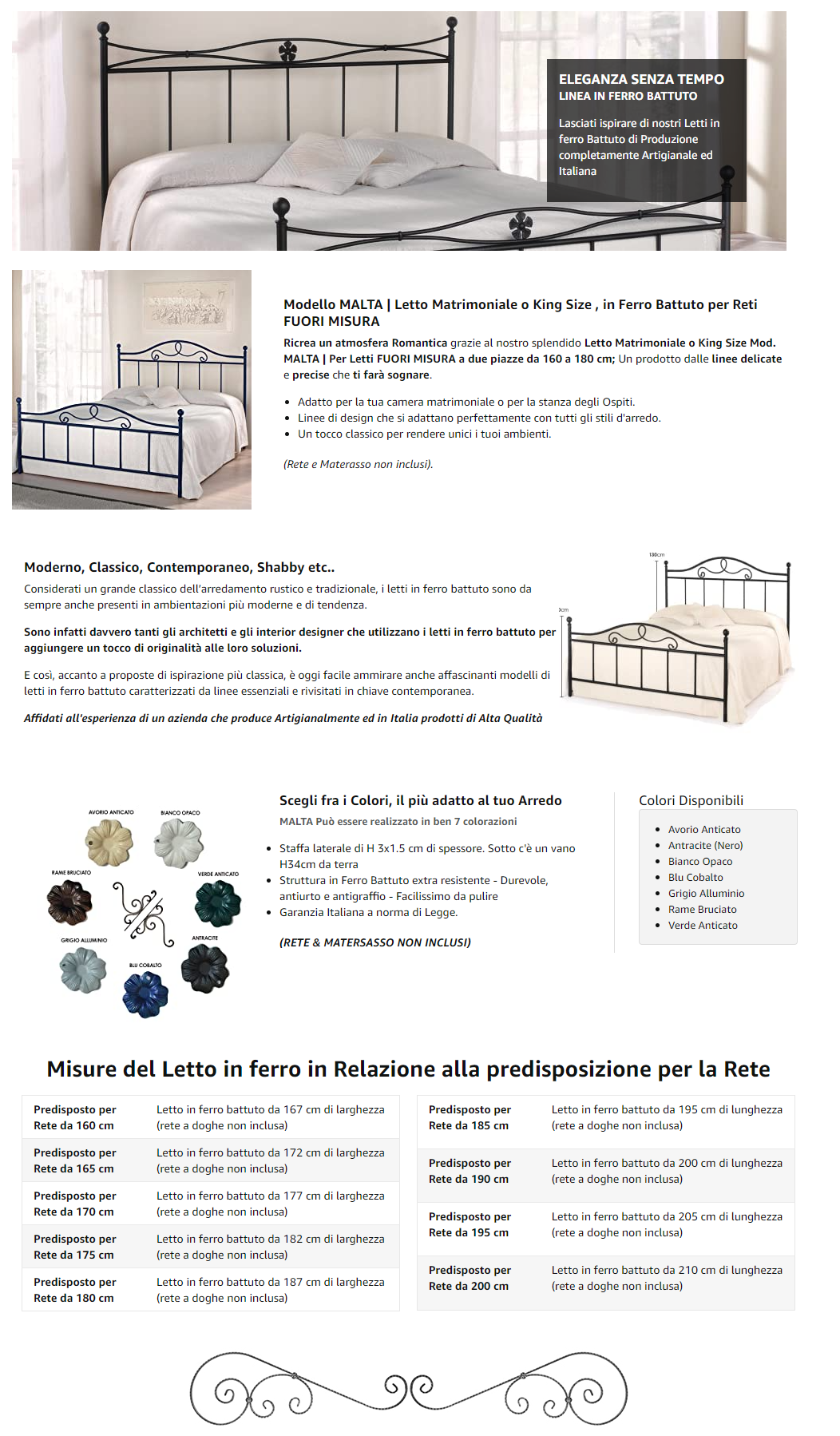 Letto in Ferro Battuto Matrimoniale o King 160x200 165 170 175 180 x 200  MALTA