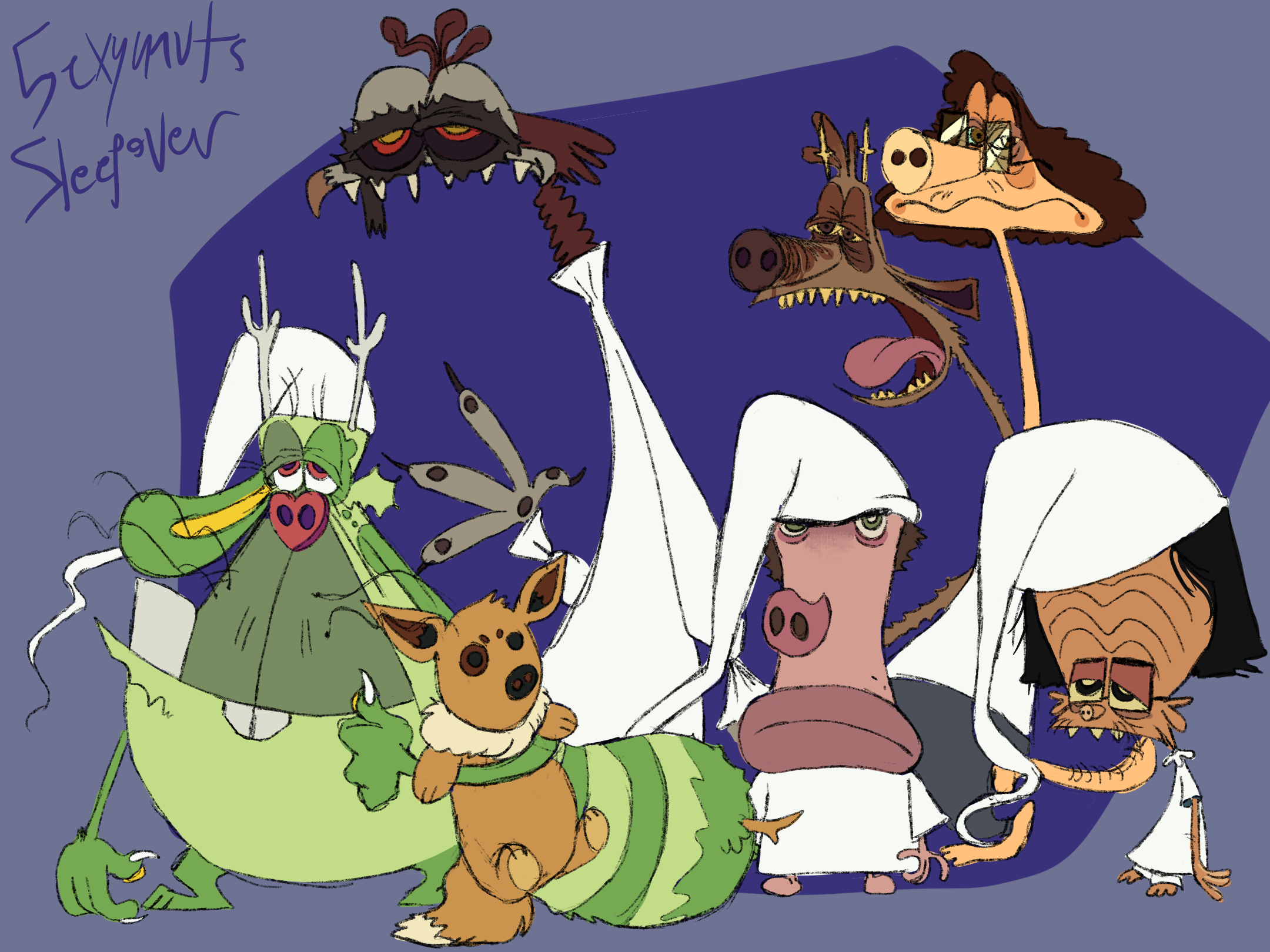 a traced over drawing of a space goofs image but as the sexyauts with the text 'Sexynauts Sleepover' by Xavier