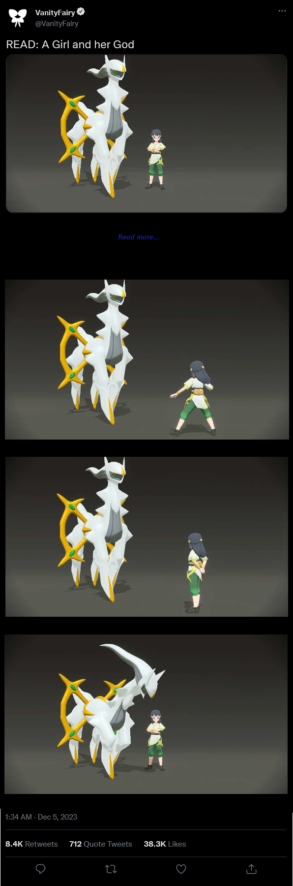 Vanity Fairy: READ: A Girl and her God

There are four photos, each from Pokemon Legends: Arceus, featuring Arceus and Dawn on a black background. Dawn is wearing Volo’s ceremonial Celestica Outfit. In the first image, Dawn is standing with her arms crossed next to Arceus. In the second image, she is standing off to the side and facing Arceus in a battle stance. In the third picture, Dawn is still facing Arceus with her arms behind her back. In the last photo, she is standing next to Arceus again with her arms crossed, with Arceus bending down their head to hers.
