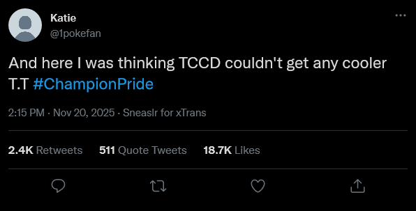 Tweet that states ‘And here I was thinking TCCD couldn’t get any cooler T.T #ChampionPride’