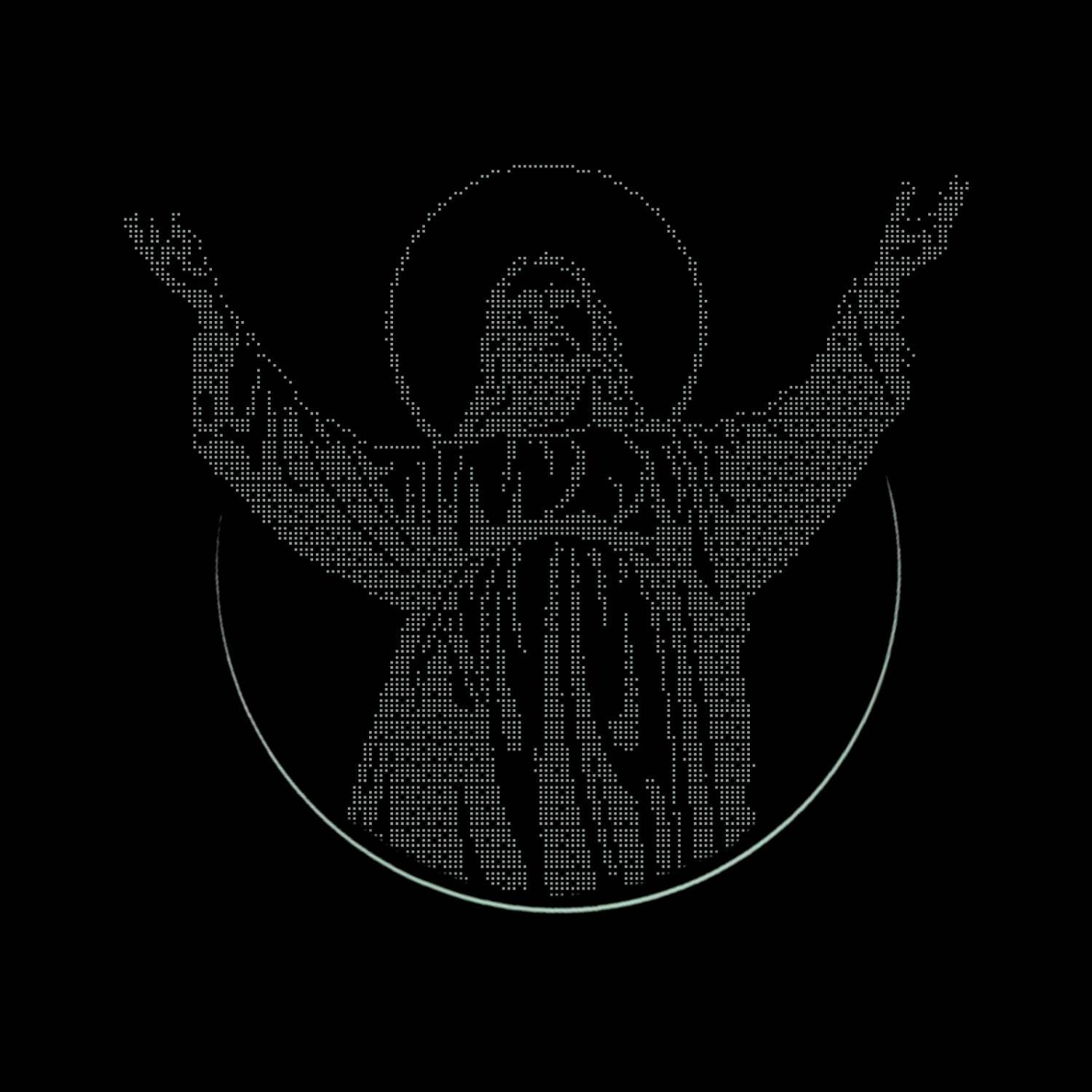 ASCII art representation of a holy figure with outstretched arms in dotted pattern