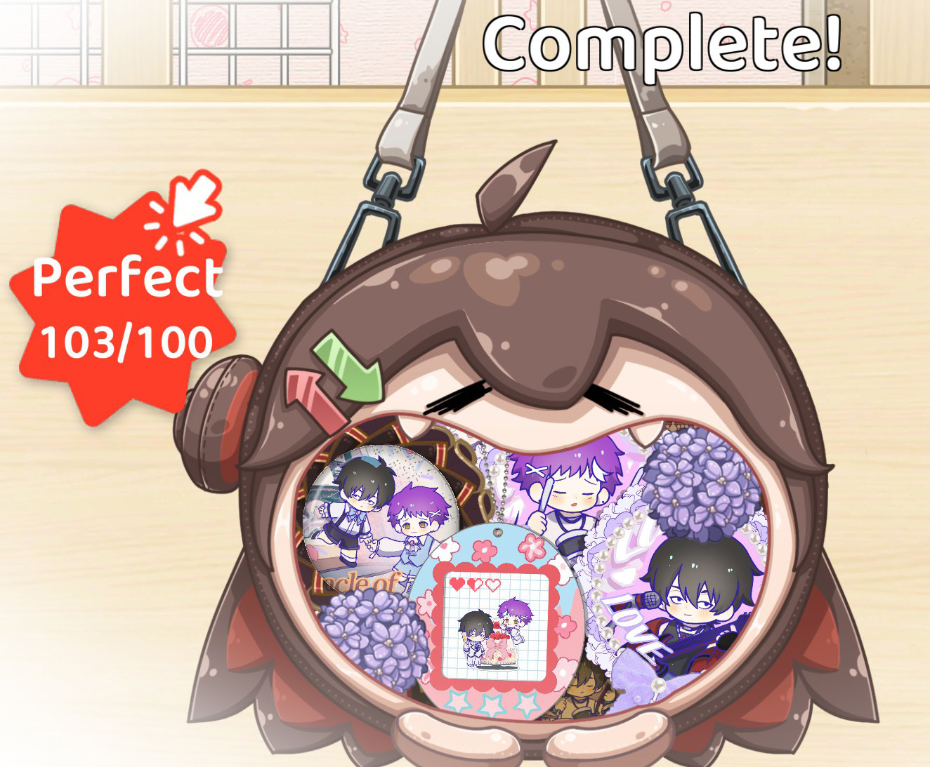 A “perfect” scoring smiling face ita bag filled with merch and flower décor.