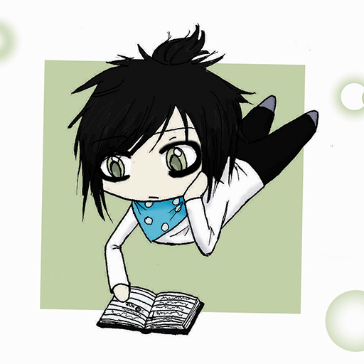 A very amateur drawing of a dark-haired chibi with heavy eyeliner reading a book.