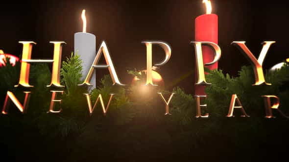 Animated closeup Happy New Year text, green tree branches and candles | Events - VideoHive 29319188