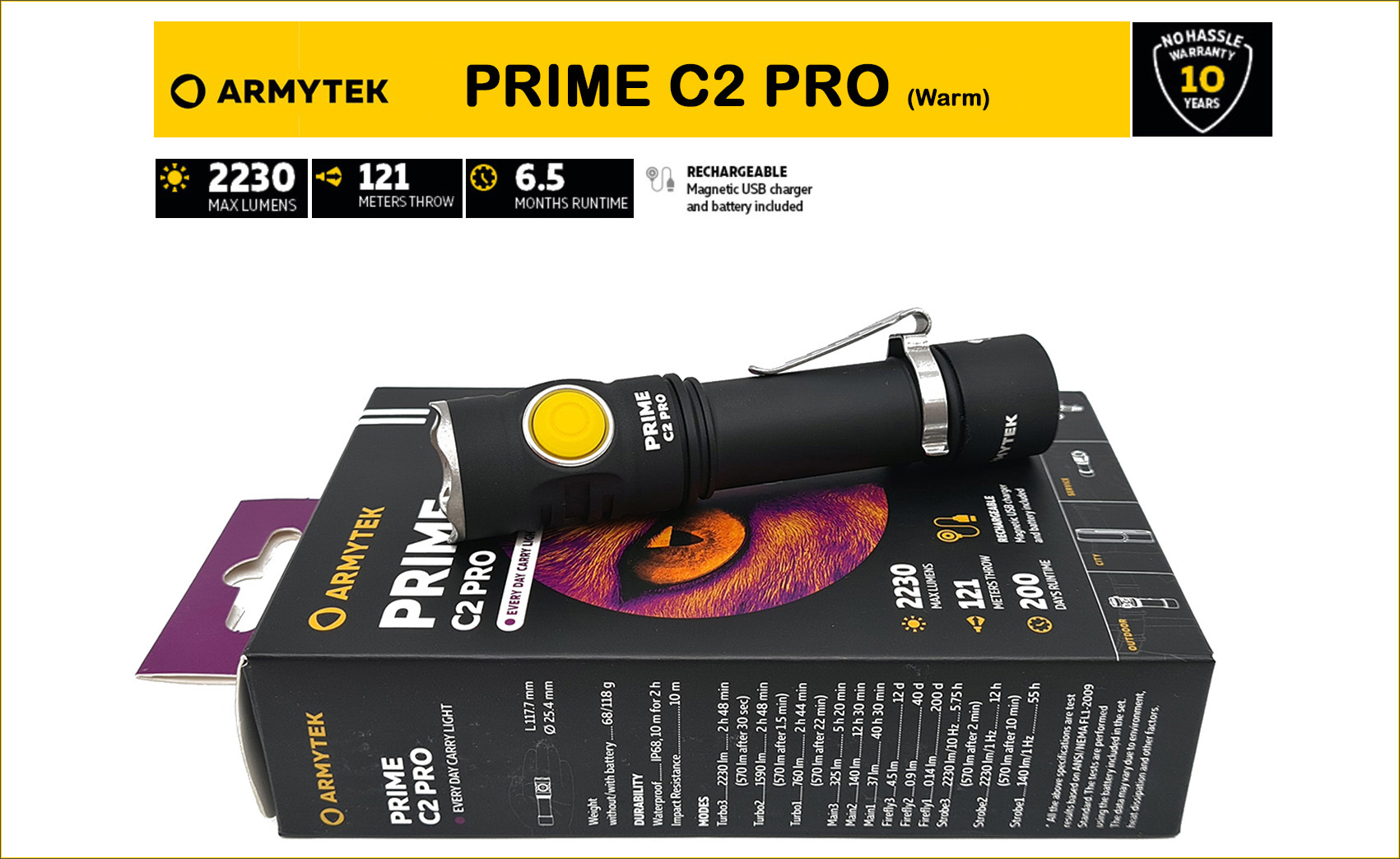 Lampe torche Armytek Prime C2 PRO Magnet USB (Warm) / 2230 lumens - Accu  18650 3500 mAh inclus + chargeur USB